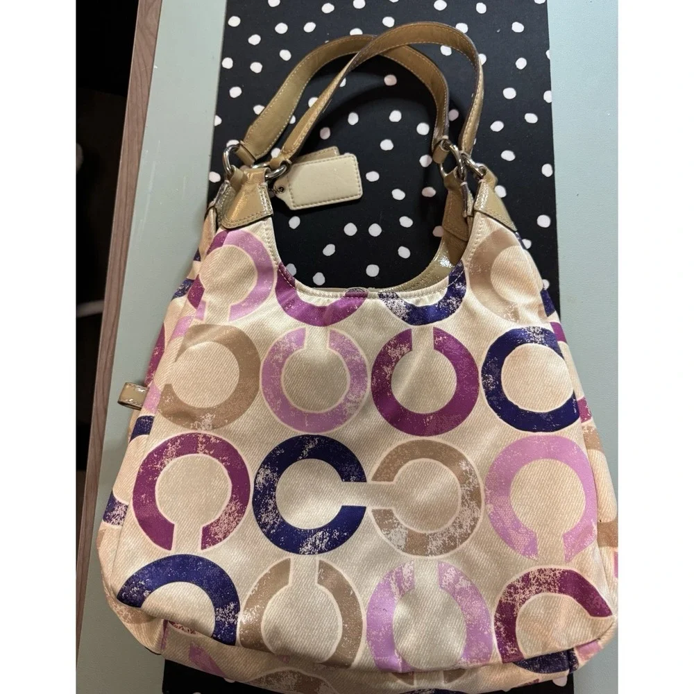 Coach Rare Hobo Bag Madison Signature Distressed Op Art Maggie Pink Purp #22289